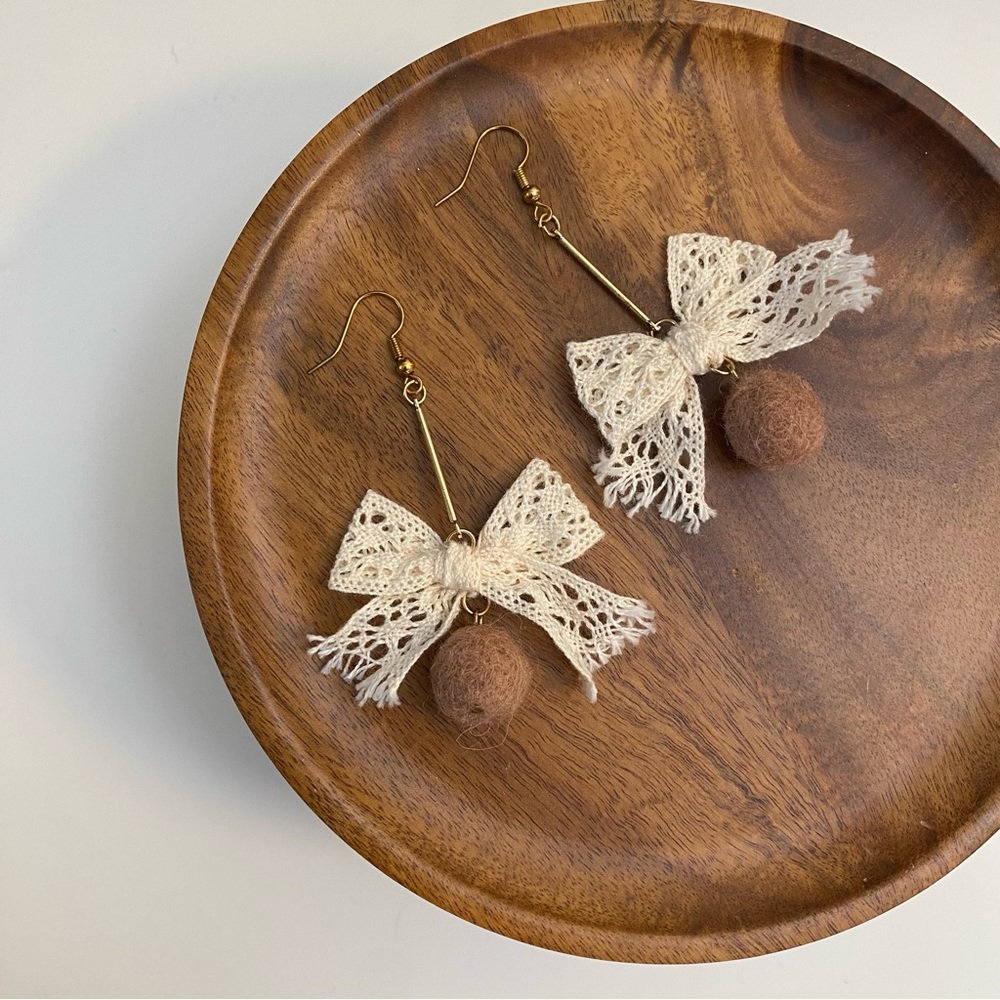 4/$15 Cute Lace Bow and Felt Ball Earrings